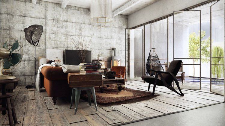 industriell design vardagsrum brun soffa betong vägg golv trämöbler lampa hängande stol
