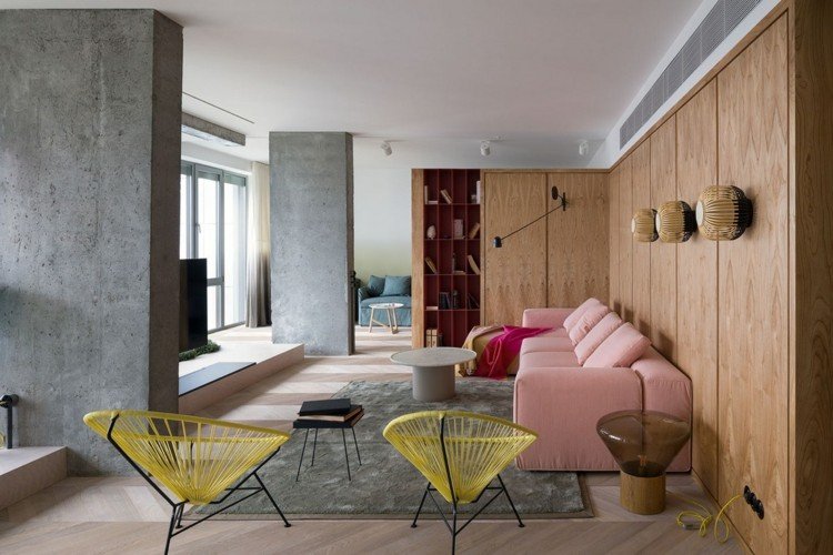 moderna möbler färgglada väggbeklädnader trä betongpelare