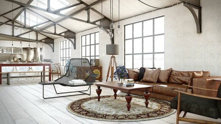 industriellt chic loft trägolv metall läder soffa