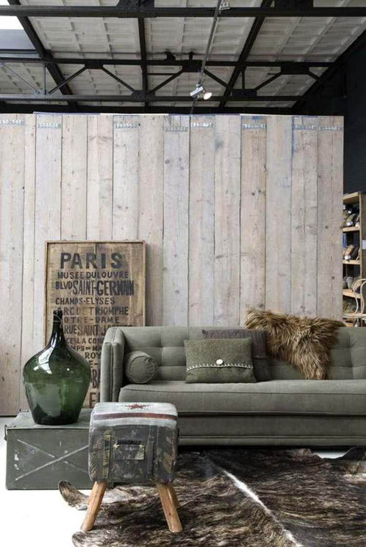 soffbord industriell stil pall soffa vägg som täcker trä kohudsmatta