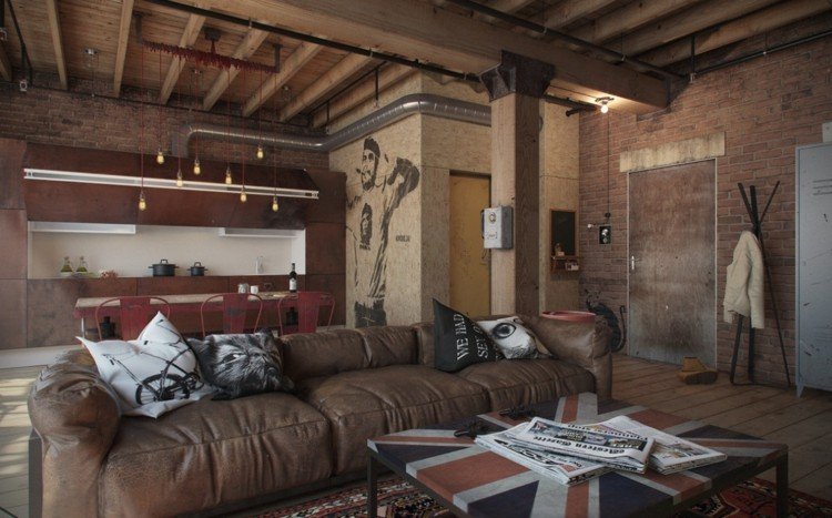 industriell look rör hängande lampor vägg tegel vägg dekoration läder soffa
