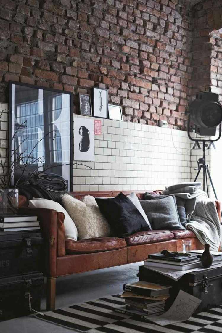 kakel tegel betong läder vardagsrum väggdekoration spotlights industriell stil