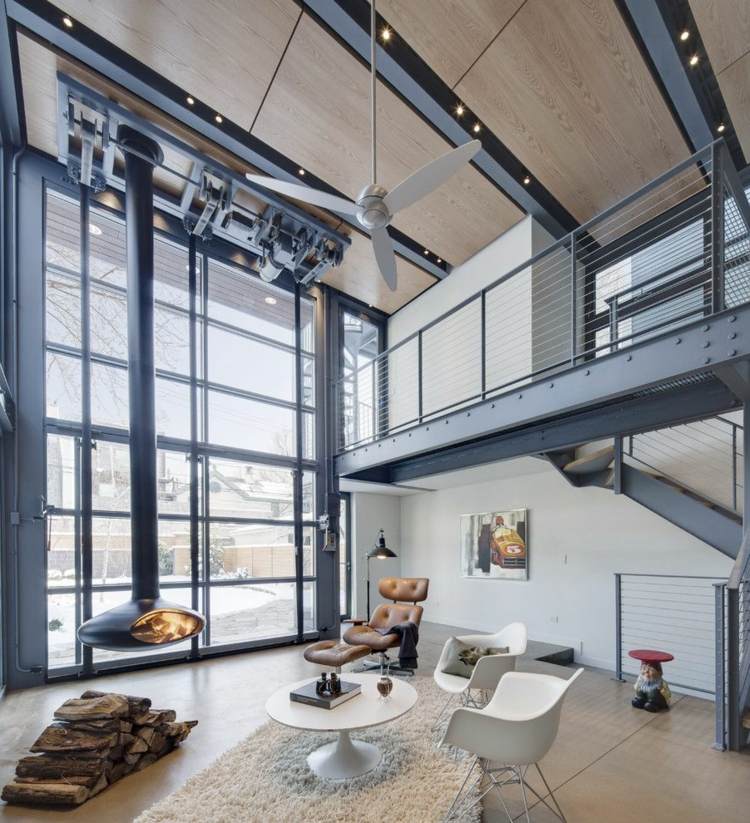 modern loft lägenhet industriell design skorsten brände moderna sittmöbler