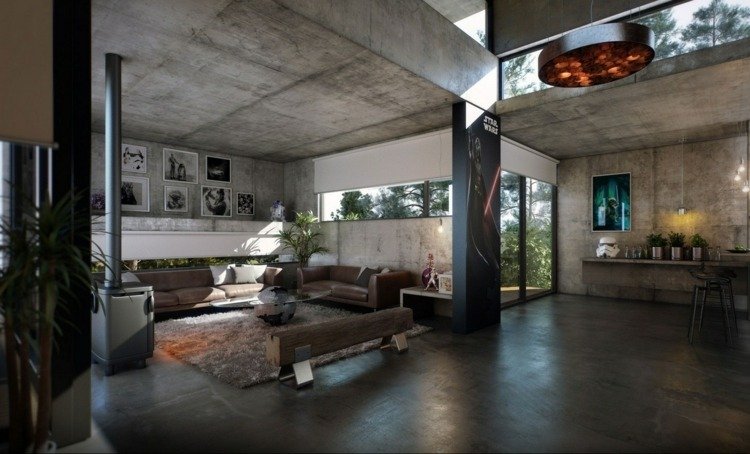 betong interiör industriell stil väggdekoration bilder svartvitt sittgrupp