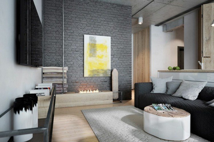 vardagsrum vägg tegel soffa soffbord färg design industriell stil