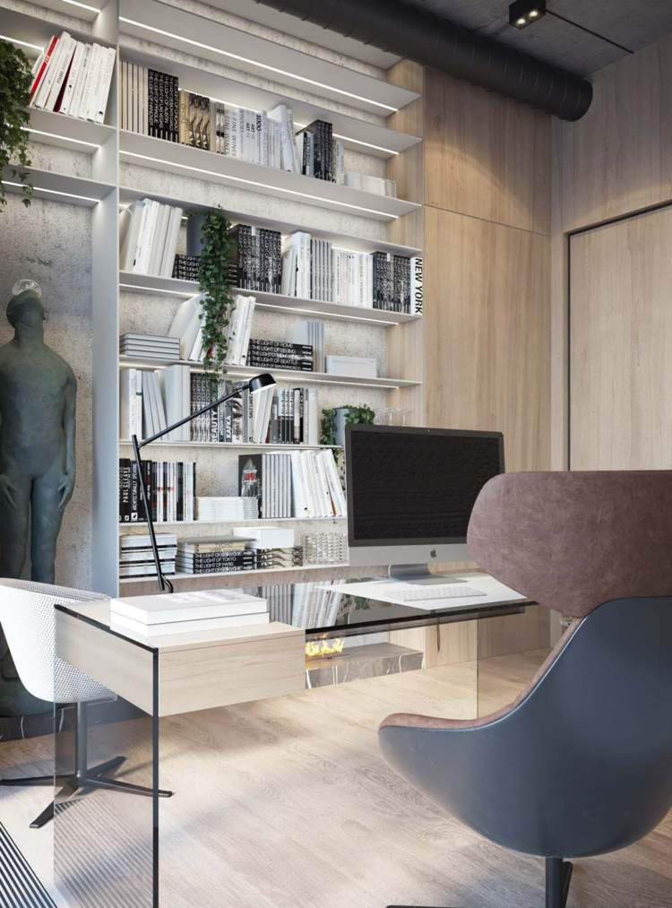 modern interiör bokhylla skrivbord fåtölj väggskulptur betong industriell design