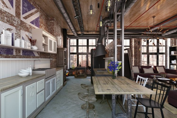 kök matplats möbler industriell design betong trä