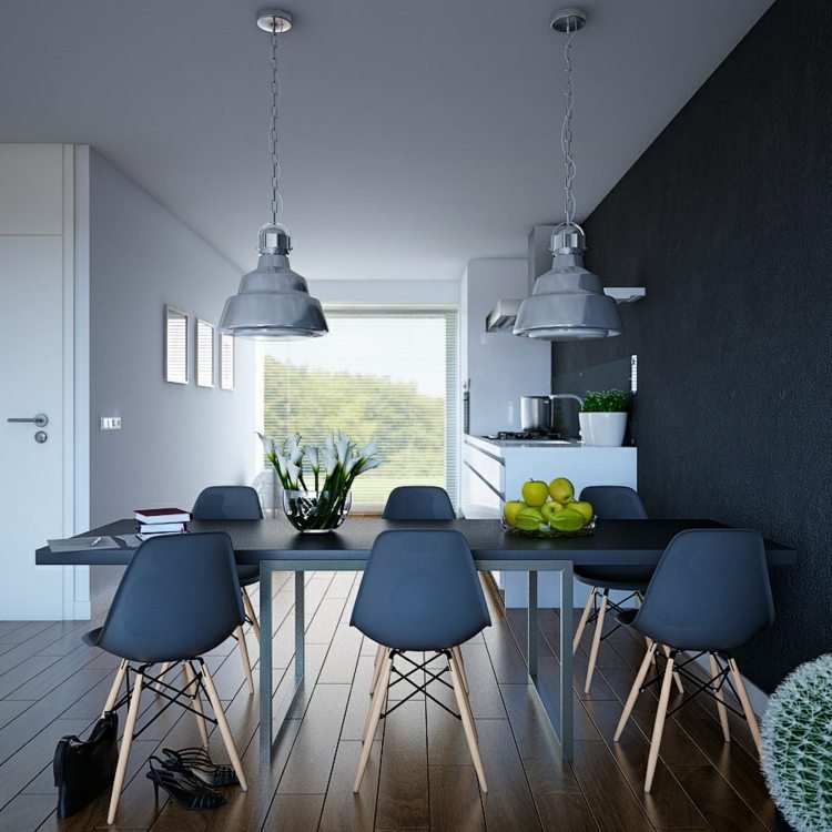 modernt vardagsrum hängande lampor industriell design metall stolar