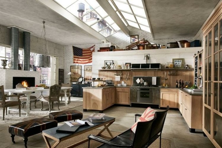 betong industriell design inredning takfönster kök vardagsrum