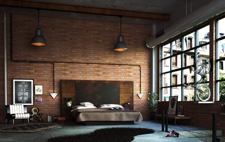sovrum loft lägenhet hängande lampor industriell design väggdekoration bilder sänggavel