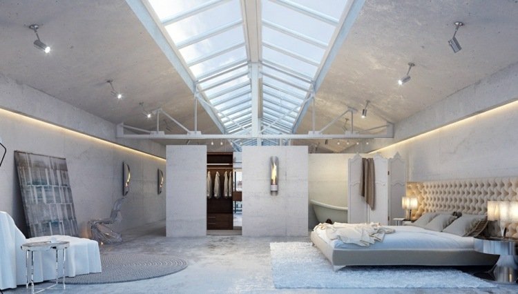 loft lägenhet industriell design betong sovrum badrum taklampor fönster