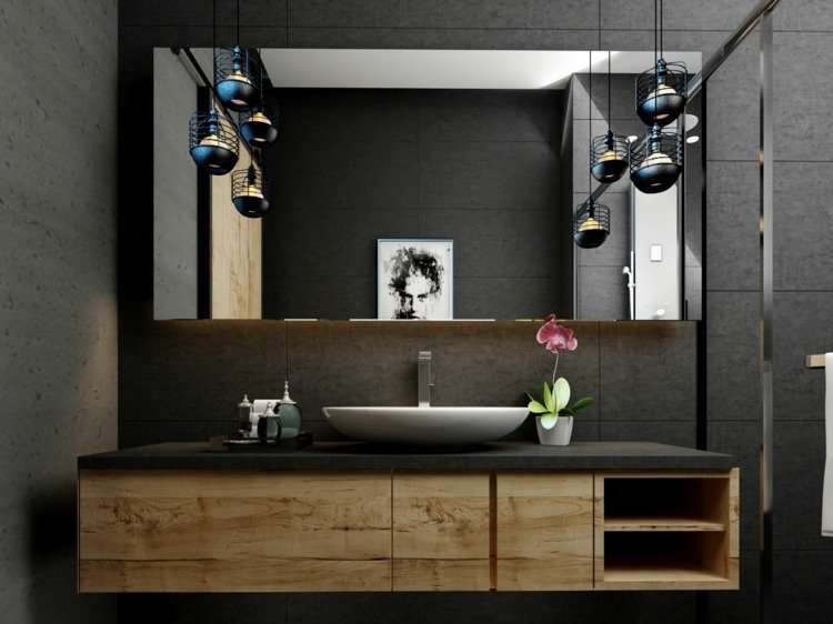 badrumsindustridesign hängande lampor moderna badrumsmöbler väggdesign och handfatsträ