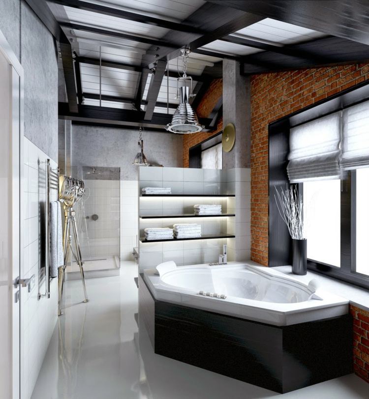 badrum svart vit modern badrum möbler tegel vägg ljuskrona industriell design marmor