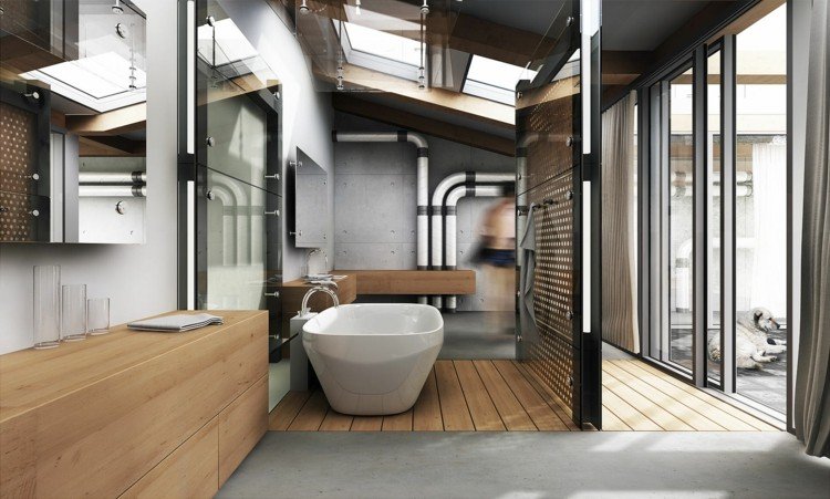 industriell design badrum interiör fristående bad betong trä