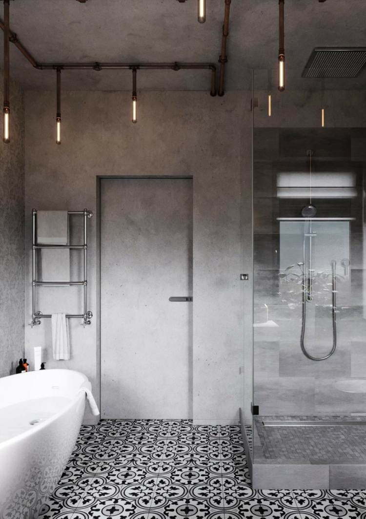 badrum badkar betong vägg mönster kakel lampor industriell design