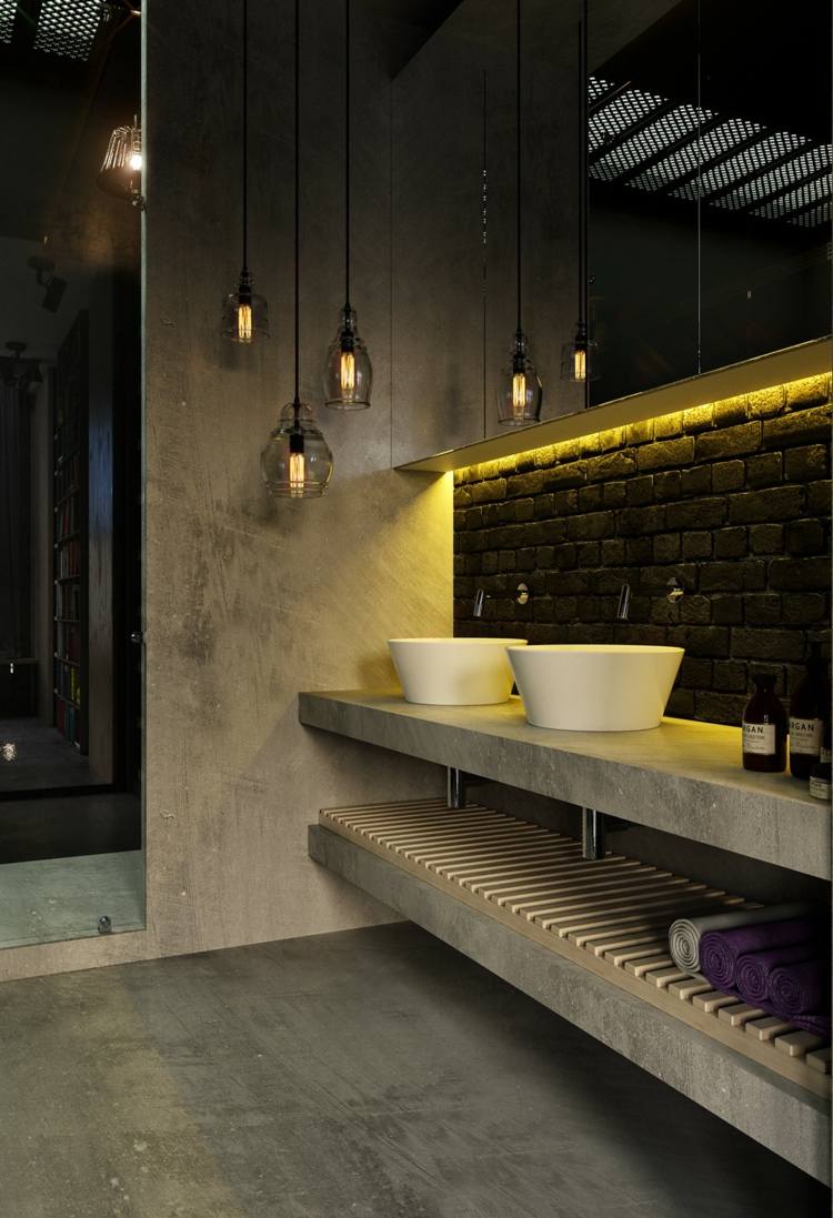 industriell design badrum hängande lampor fåfänga betonggolv