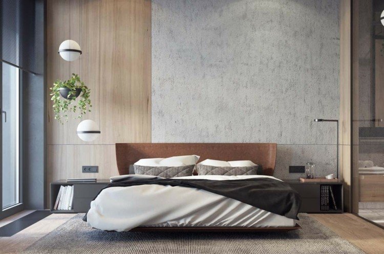 sovrum vägg design träpanel accent betong mattor