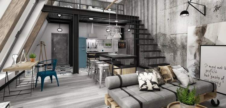 Industriell designmöbel -loft-design-trappor-betongvägg-soffa-pall-dekoration-monokrom