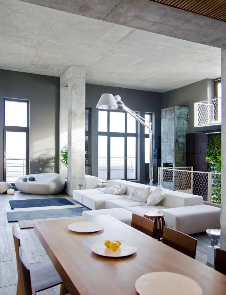 Industriell design möbler -moderna-vardagsrum-betong tak-monokrom-matbord-soffa