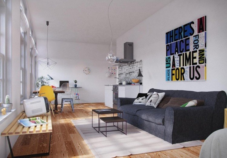 industriell design-möbler-soffa-tyg-omslag-mörkgrått-trägolv-kök-öppet-litet