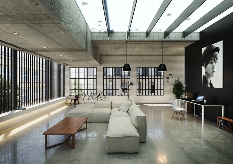 industriell design-möbler-soffa-modulär-betong-golv-platt-tak-gitter-fönster-taklampor