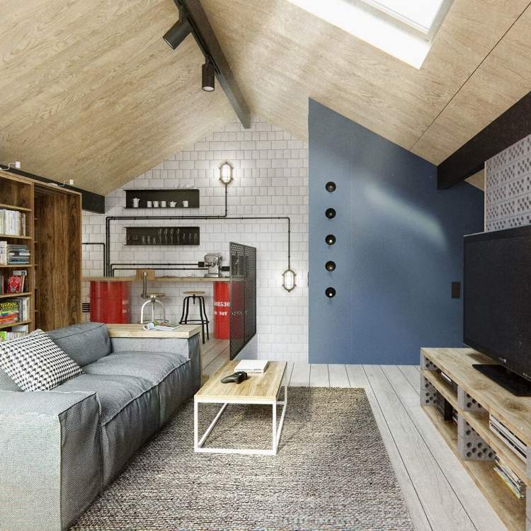 industriell design-möbler-soffa-bomull-sluttande tak-takfönster-matta-grå