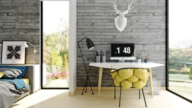 industriell design-möbler-betong-vägg-stol-kuddar-säng-affisch-fönster-horn