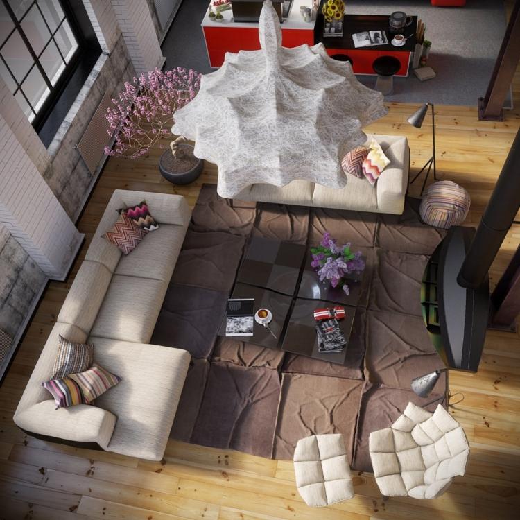 industriell design-möbler-hall-golv-hörn soffa-fåtölj-kudde-soffbord
