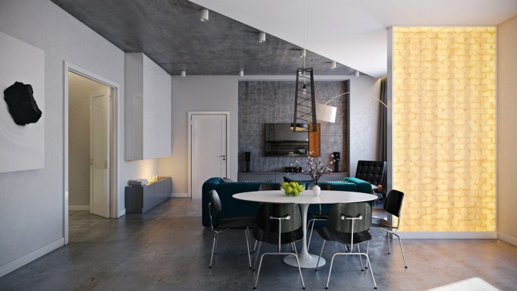 industriell design-möbler-betong-tak-betong-golv-vardagsrum-matsal-bord-stolar
