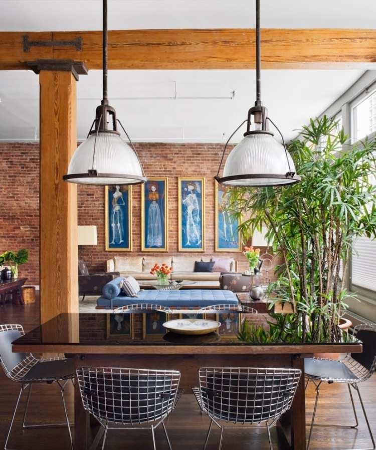 industriell design-möbler-tegel-vägg-taklampor-matbord-diamant-stol-bambu-växt