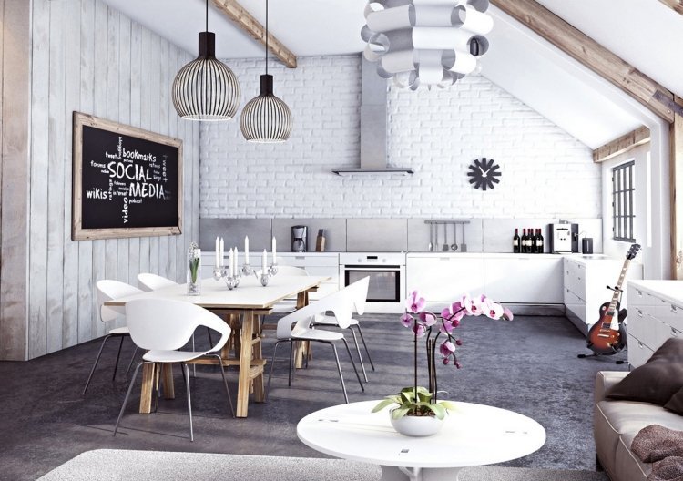 Industriell designmöbel - kök - vit - högglans - matbord - tegelvägg - vit - träbjälkar