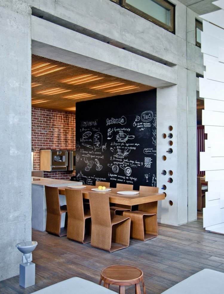 Industriell design möbler -kök-vägg-svart-krita-skriva-matbord-stolar-trä