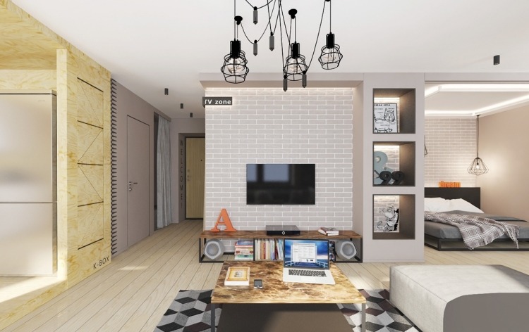 industridesign-möbler-industrilampor-ett-rum-lägenhet-sovrum-tegel-vägg-grå-tv