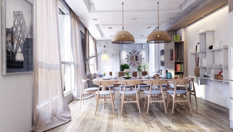 industriell design-möbler-trägolv-matbord-vardagsrum-fönster-gardiner-hängande-ljus-betongväggar