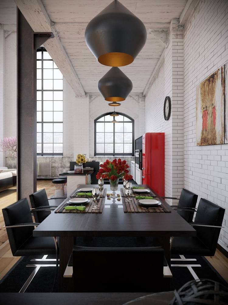 industriell design-möbler-matbord-svarta-stolar-cantilever-tegelvägg-vit-hängande lampor-gitterfönster