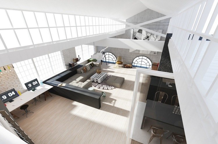 industriell design-möbler-vit-öppen-planering-vardagsrum-loft fönster