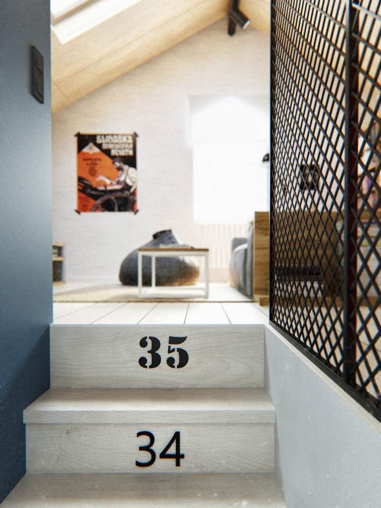 industridesign-möbler-trappor-nummer-gitter-sluttande tak-takfönster-rum