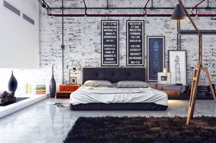 industriell design-möbler-sovrum-skyltar-svart-vit-tegel-vägg-vit-grå-betong-golv