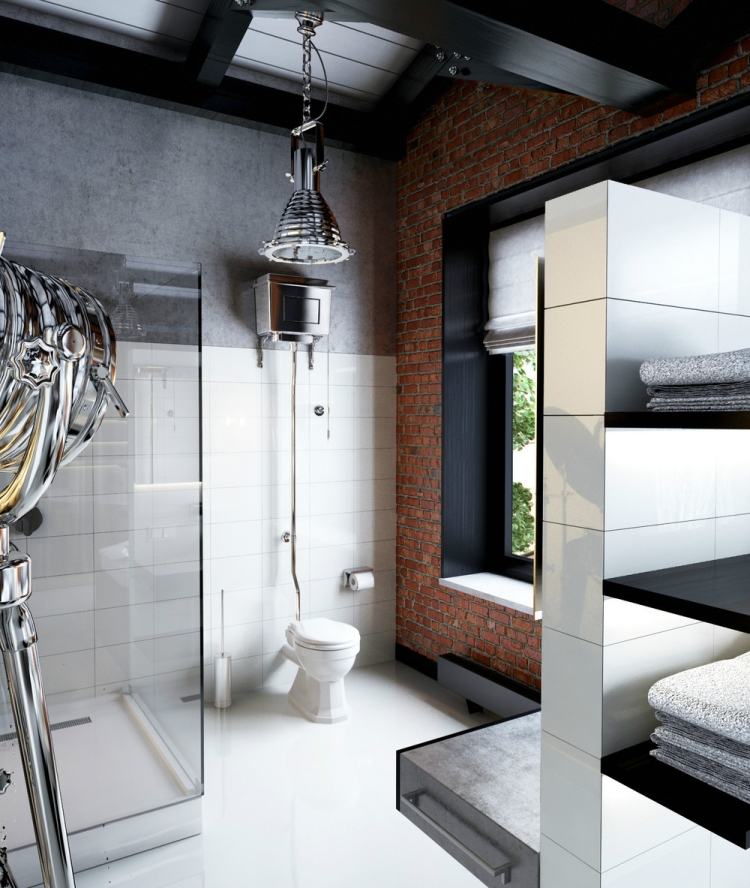 industriell design-möbler-badrum-tegel-vägg-dusch-skåp-toalett-fönster-vit-taklampa