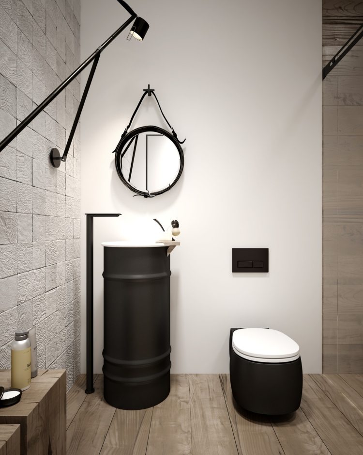 industriell design-möbler-svart-tvätt-konsol-toalett-dusch-skåp-glas-vägg-golvbräda