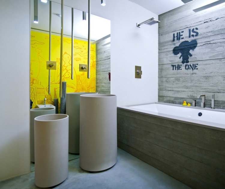 industriell design-möbler-betongväggar-badrum-badkar-konsol-pelare