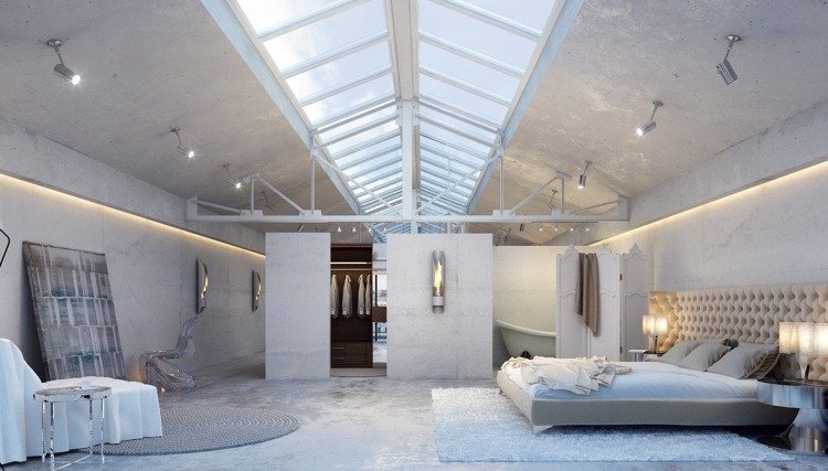 industriell design-möbler-sovrum-vit-betong-takfönster-sänggavel-stoppad-öppen-planering