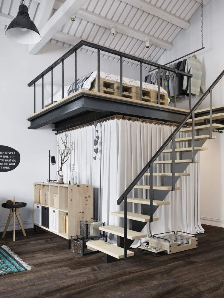 industriell design-möbler-praktisk-ett-rum-lägenhet-metall-konstruktion-trappa-taklampa
