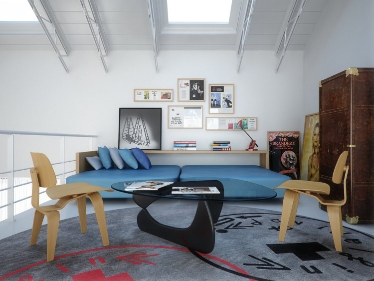 industriell design-möbler-loft-modern-soffa-turkos-matta-affischer-plywood-stolar