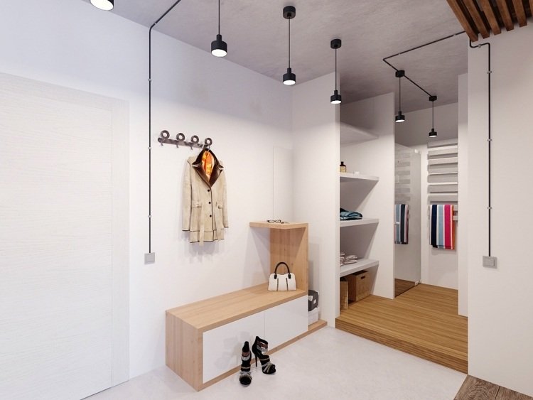 industriell design-möbler-hall-vit-modern-industri-lampor-hängande-lampor-vägg-garderob