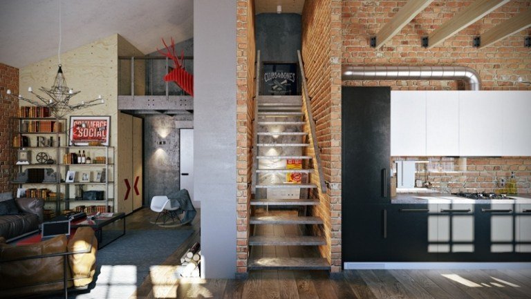 Industriell designmöbel-trappa-tegelvägg-kök-öppen plan-ljuskrona