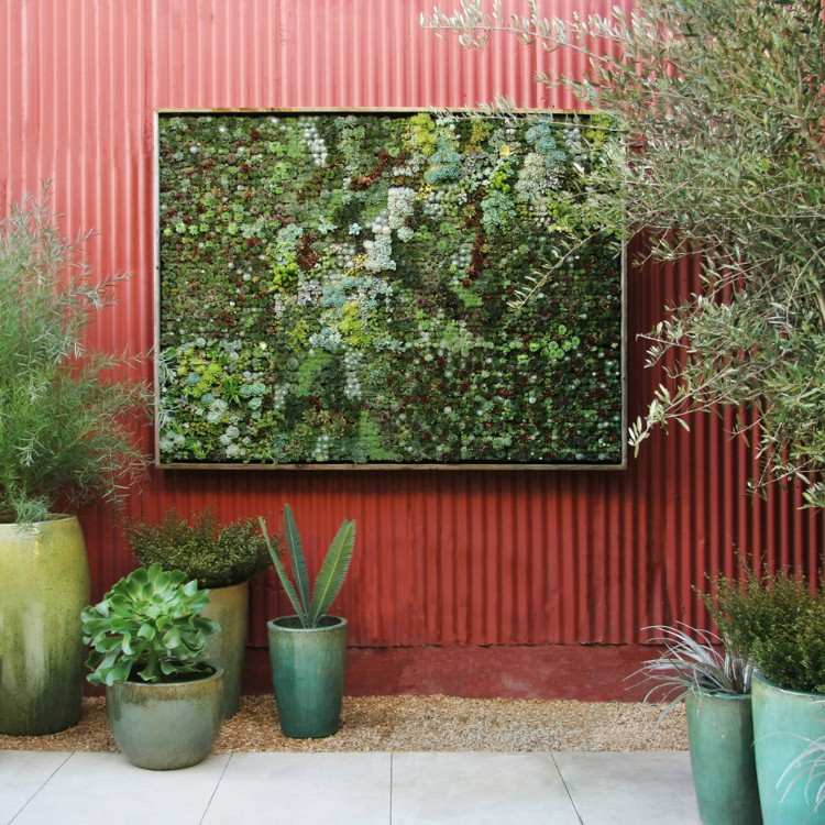 industriellt utseende trädgård design idéer färg vägg metall
