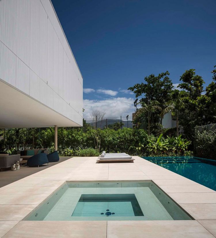 Infinity pool -exotisk-bubbelpool-palm-trädgård-modernt hus