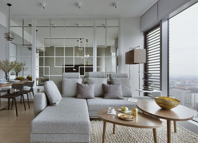 Inredning-idéer-vardagsrum-glas vägg-hörn soffa-grå