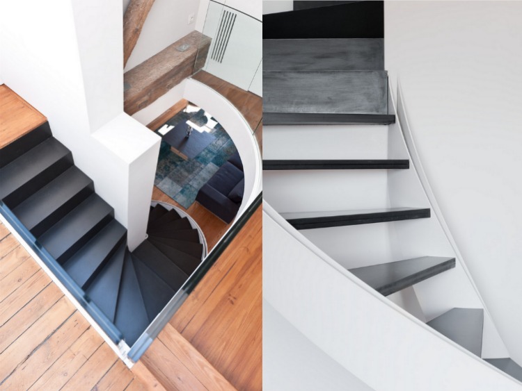 innertrappa-modern-design-välvd trappa-trätrappa-svart-vit